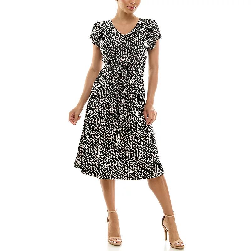 Women's Nina Leonard V-Neck Self Sash Dress, Size: Large, Black Red Product Image