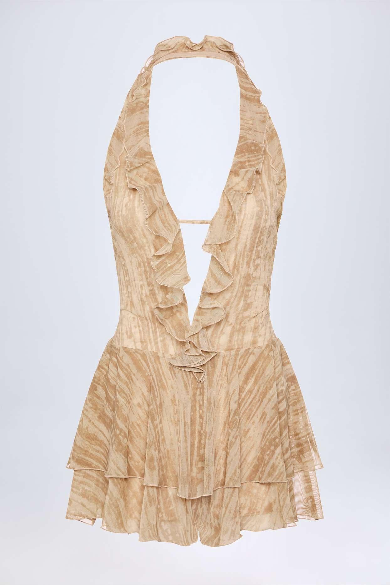 Ruffled Plunge Halterneck Playsuit in Tan Print Product Image