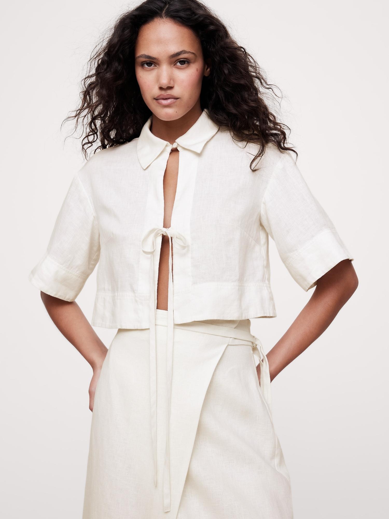 Linen Tie-Front Cropped Shirt Product Image