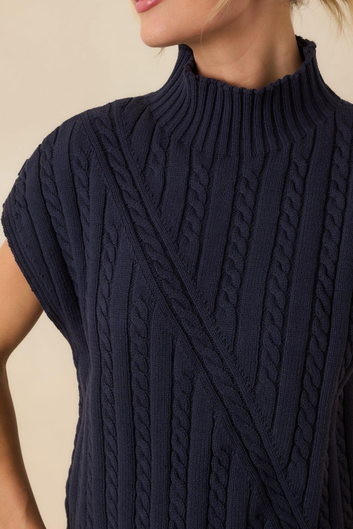 I'm Sure of It Navy Cable Knit Sleeveless Mock Neck Sweater Product Image