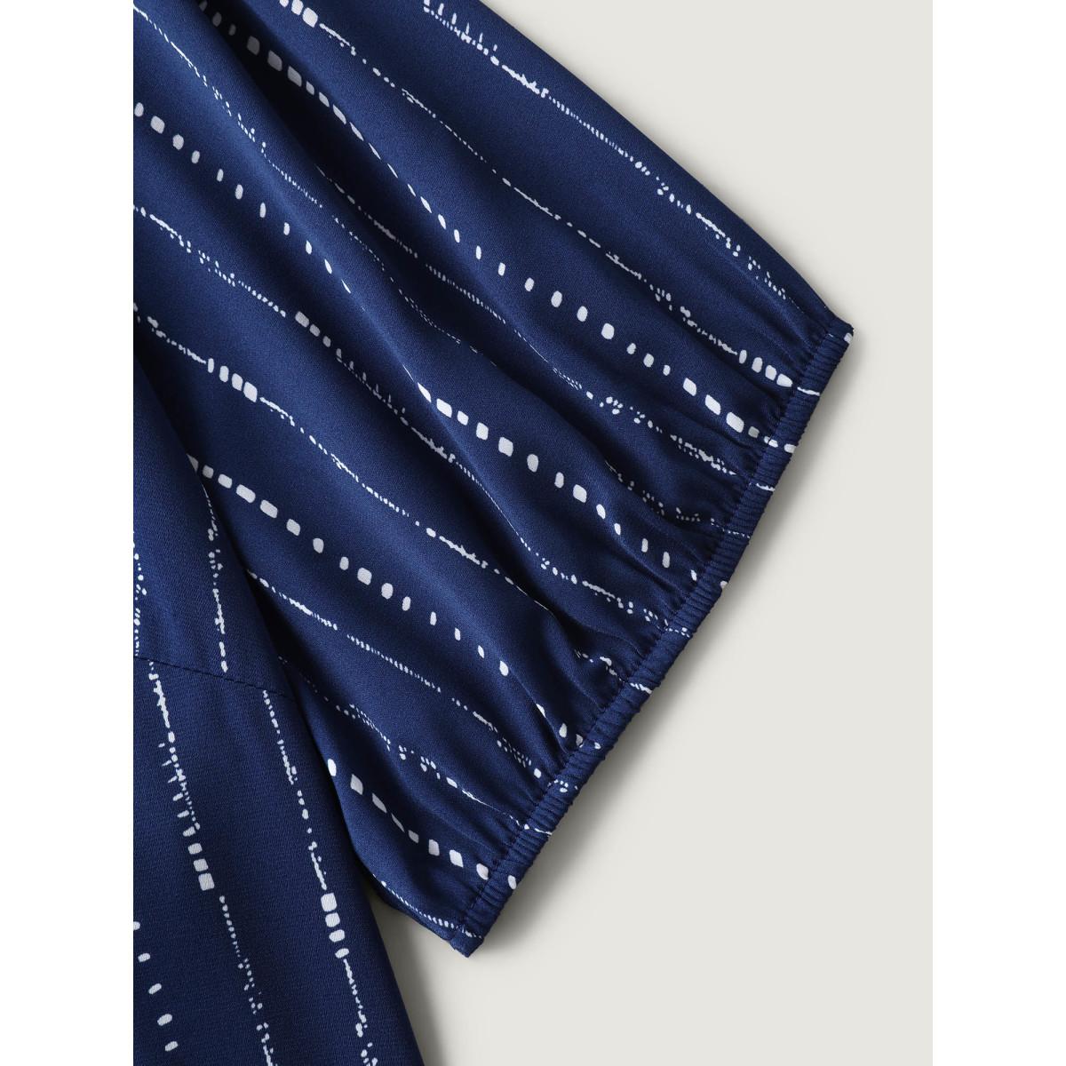 Plus Size DarkBlue Textured Notched Collar Tie Puffy Blouse Women Short sleeve Notched collar Office Blouses BloomChic 10/M Product Image