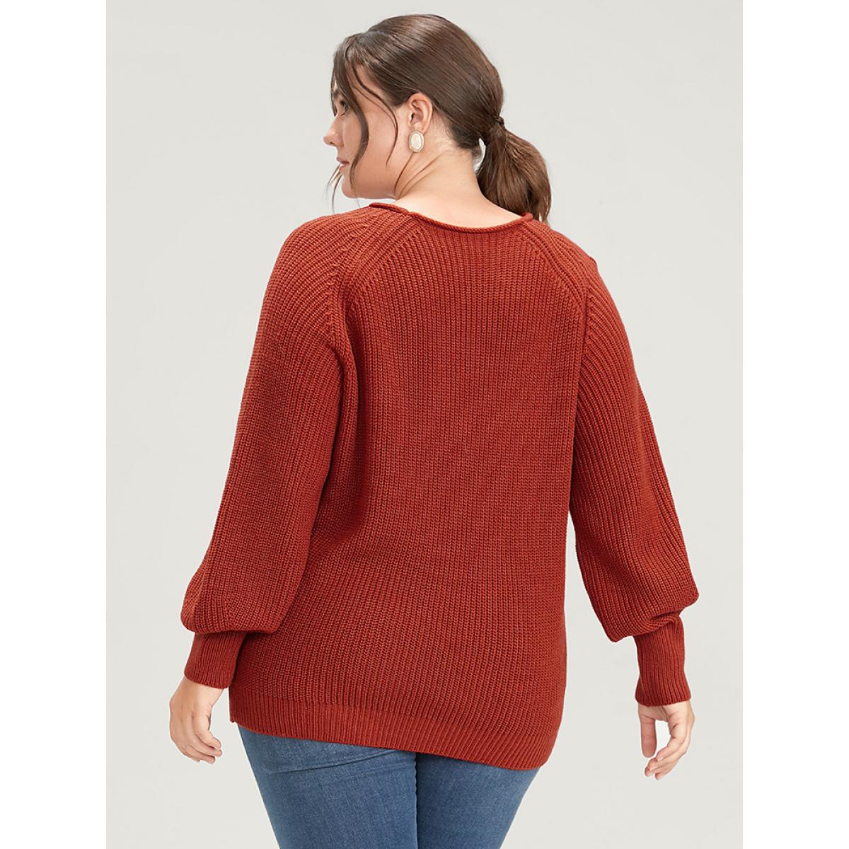 Plus Size Solid Pointelle Knit Deep V Neck Knit Top Coral Women Casual Long Sleeve Deep V-neck Dailywear Pullovers BloomChic 26/4X Product Image