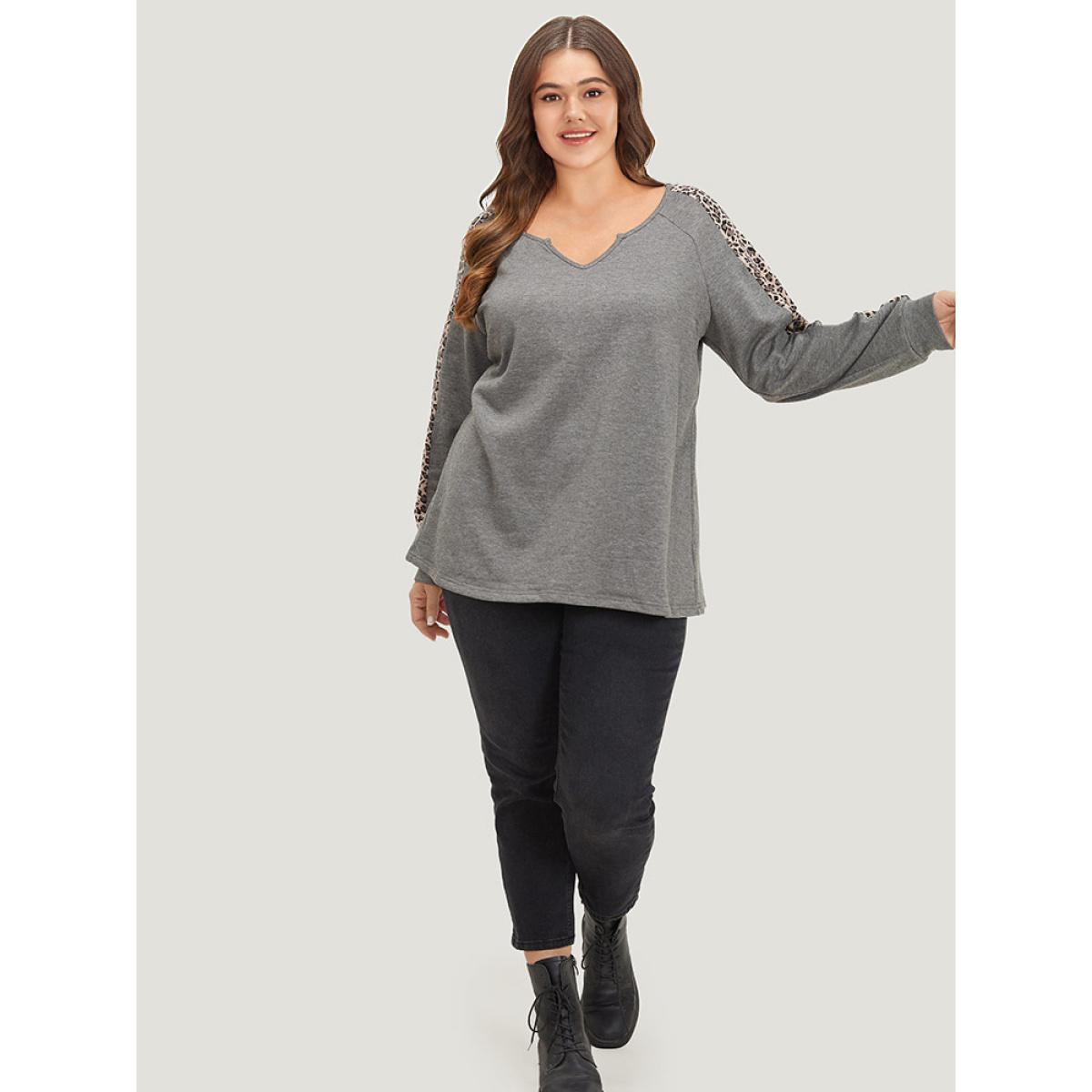 Plus Size Leopard Patchwork Notched Raglan Sleeve Sweatshirt Women Gray Casual Patchwork Notched collar Dailywear Sweatshirts BloomChic 18-20/2X Product Image