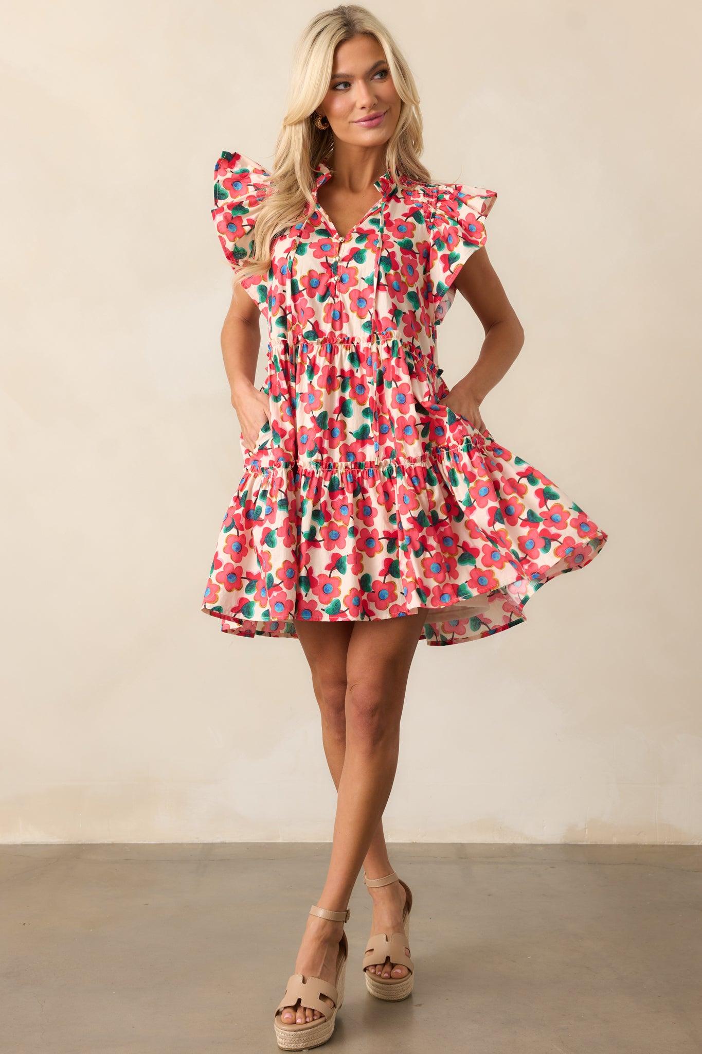 All You Need Red Floral Cotton Flutter Sleeve Mini Dress Product Image