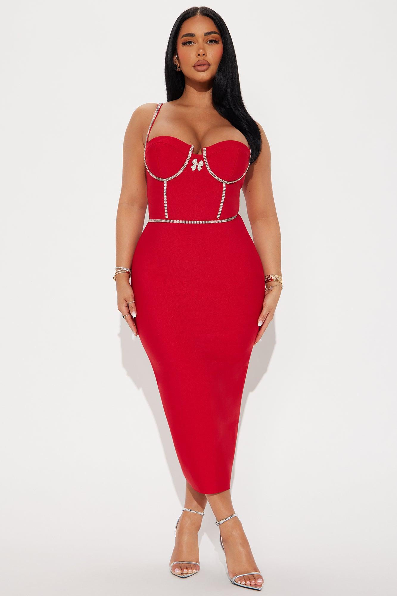 Lara Rhinestone Bandage Midi Dress - Red Product Image