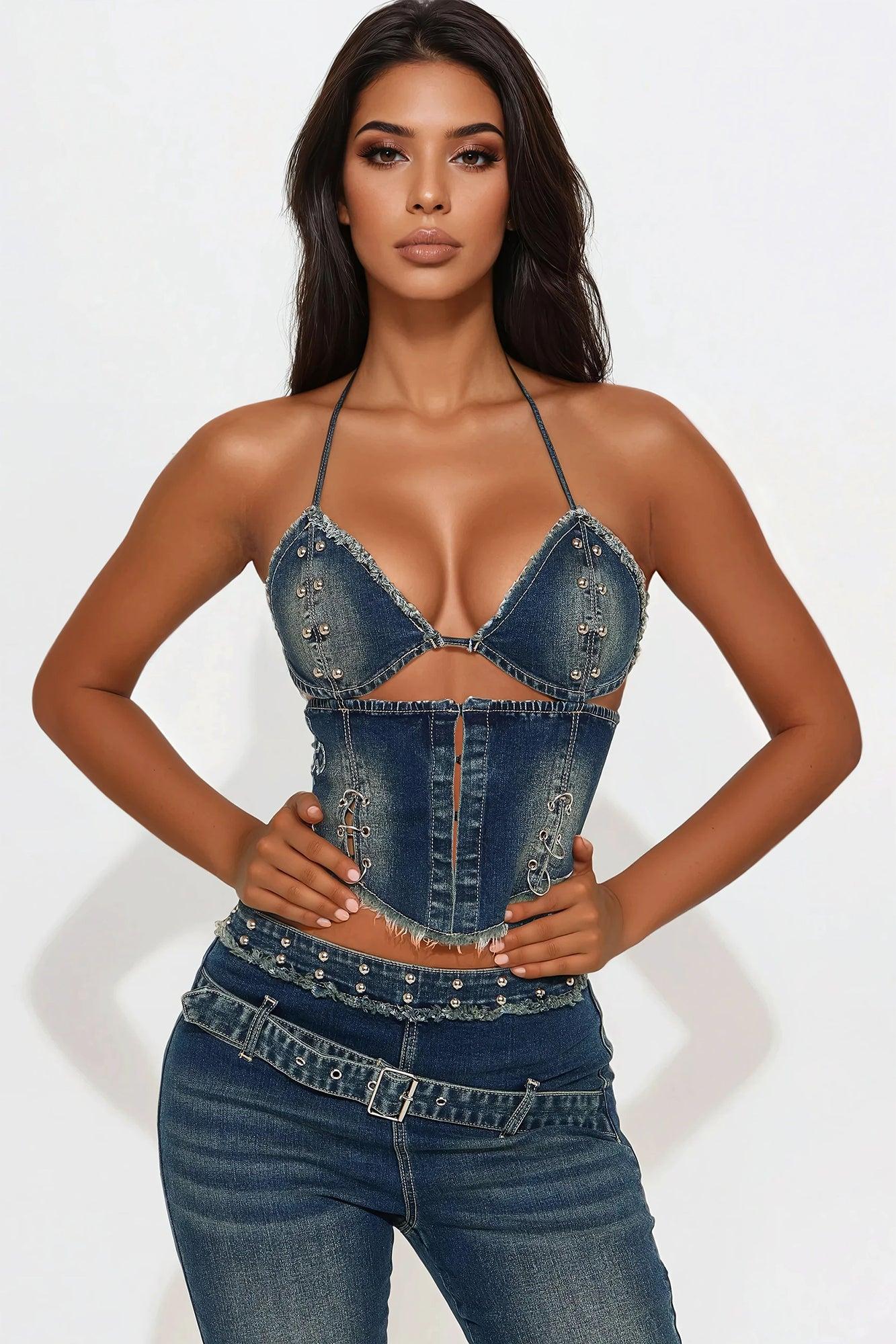 Showing Off Denim Pant Set - Blue Wash Product Image