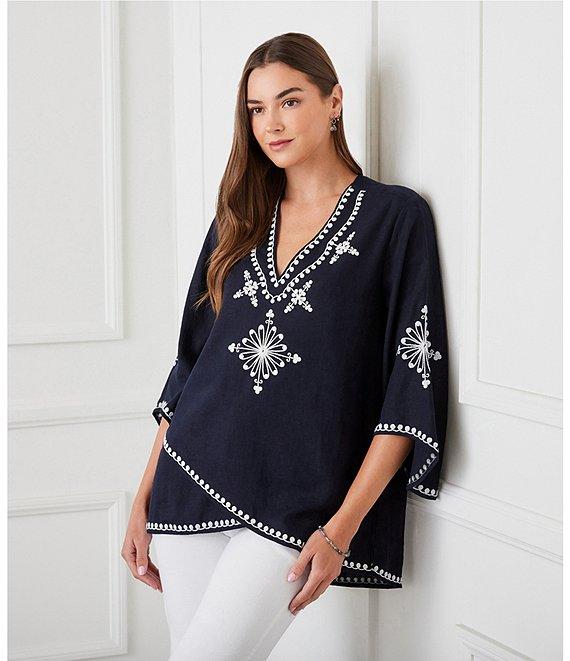 Karen Kane Embroidered V-Neck 3/4 Flare Sleeve Asymmetrical Top Product Image