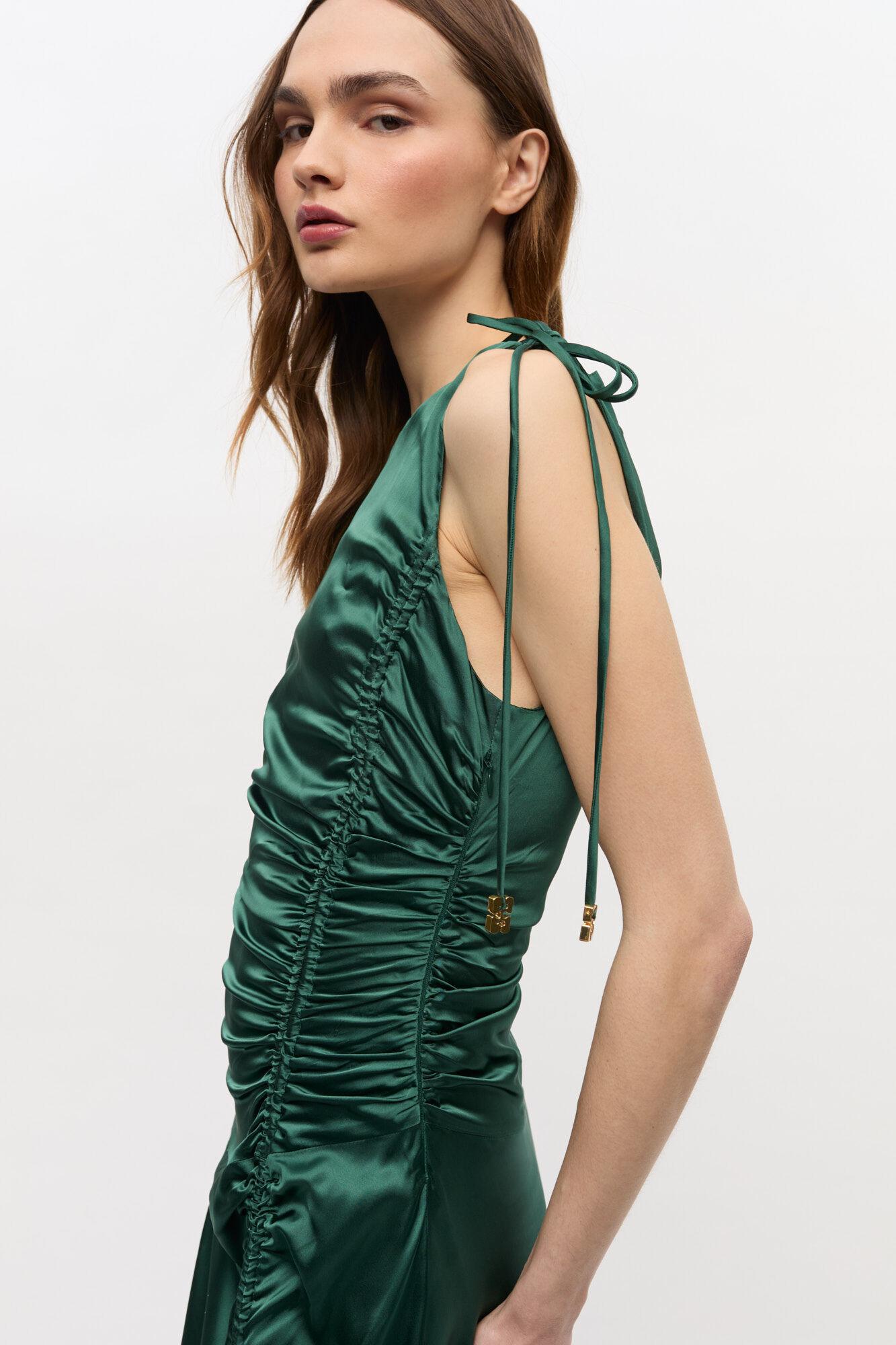 Green Satin Gathered Dress Product Image
