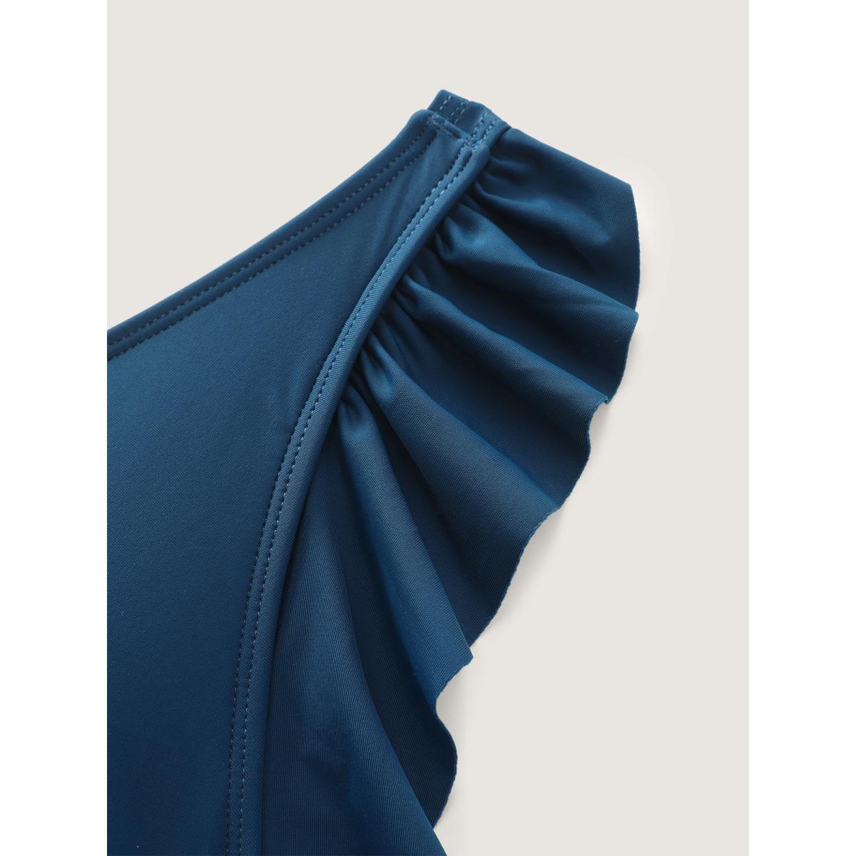 Plus Size Ruffled Hem Flutter Sleeve Drawstring Swim Dress Women's Swimwear Cyan Resort Bodycon Overlap Collar High stretch Curve Swim Dresses BloomChic 10/M Product Image