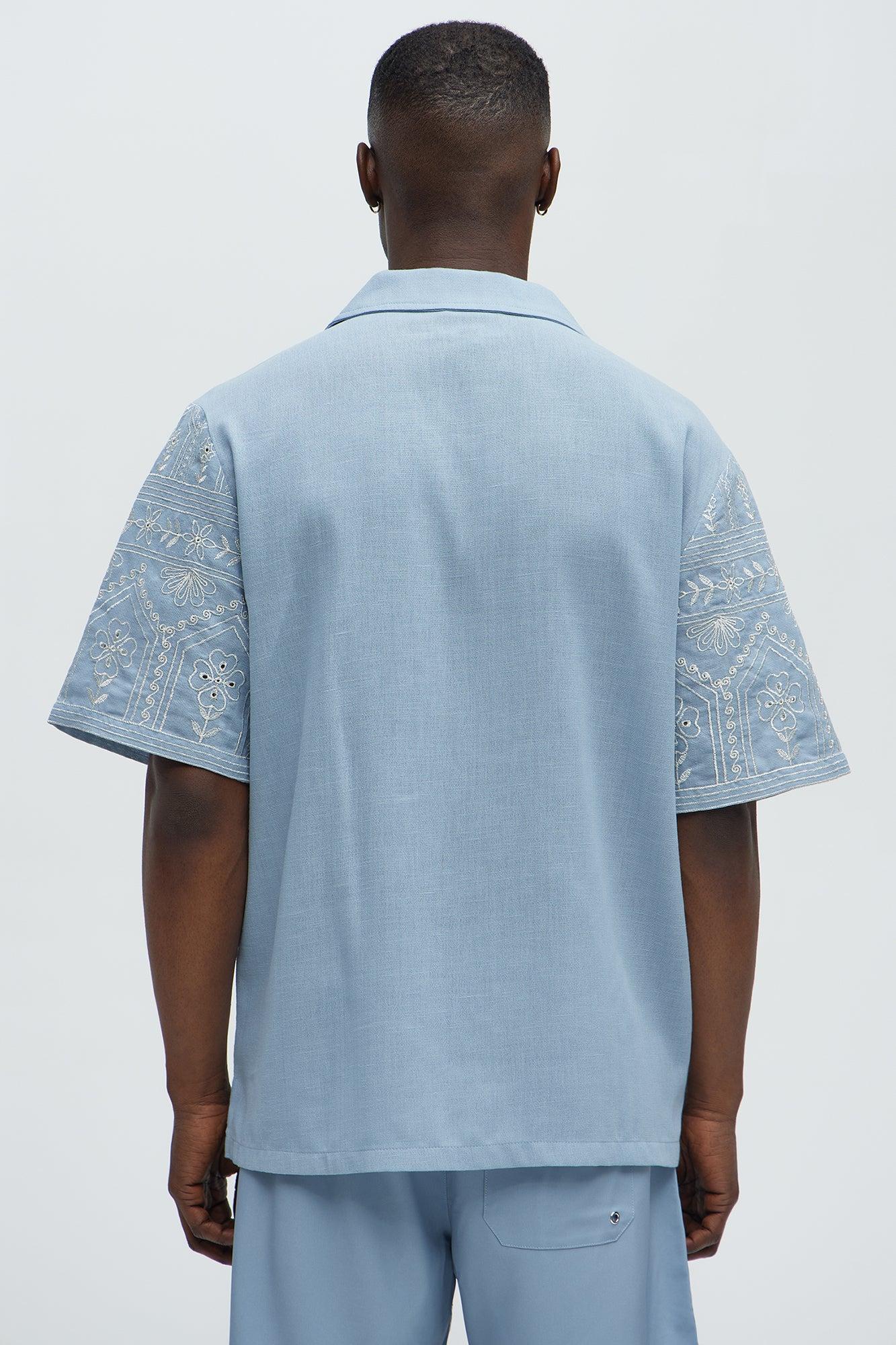 Embroidered Floral Cuban Collar Button Up Shirt - Blue/combo Product Image