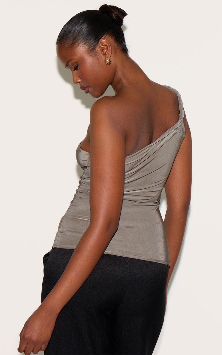  Mushroom Double Layer Slinky Twist Detail One Shoulder Long Top Product Image