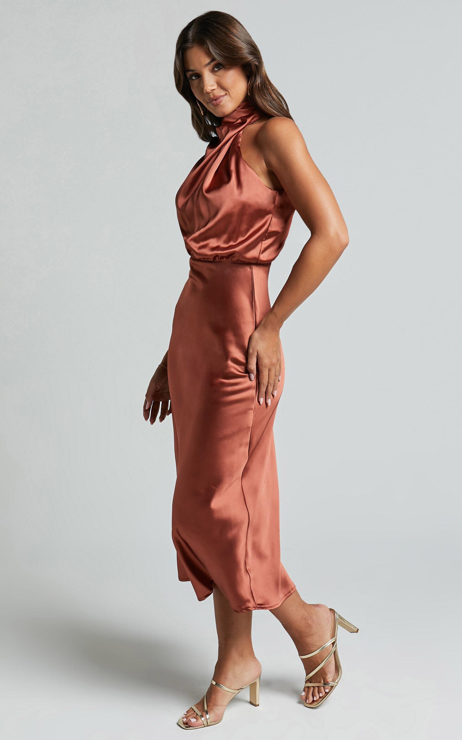 Minnie Midi Dress - Drape Neck Satin Slip Dress in Copper Product Image
