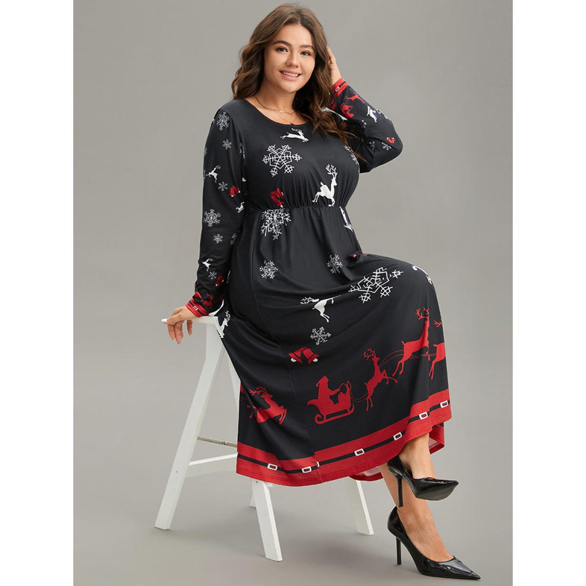 Plus Size Christmas Elk Print Contrast Elastic Waist Dress Black Women Office Printed Round Neck Long Sleeve Curvy Midi Dress BloomChic 26/4X Product Image