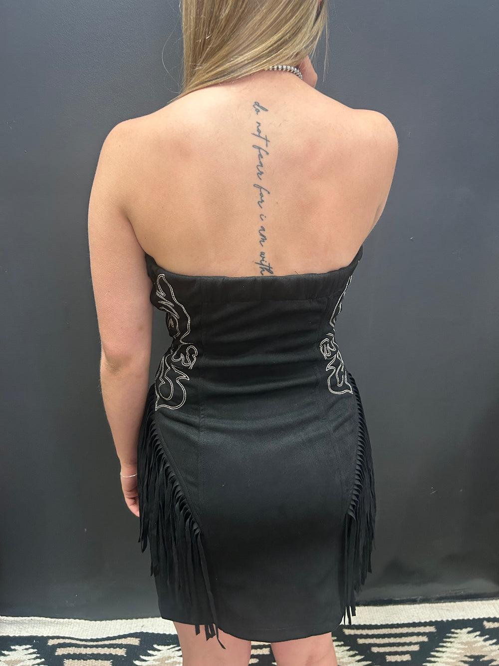 Black Suede Boot Stitch Embroidered Fringe Dress Product Image