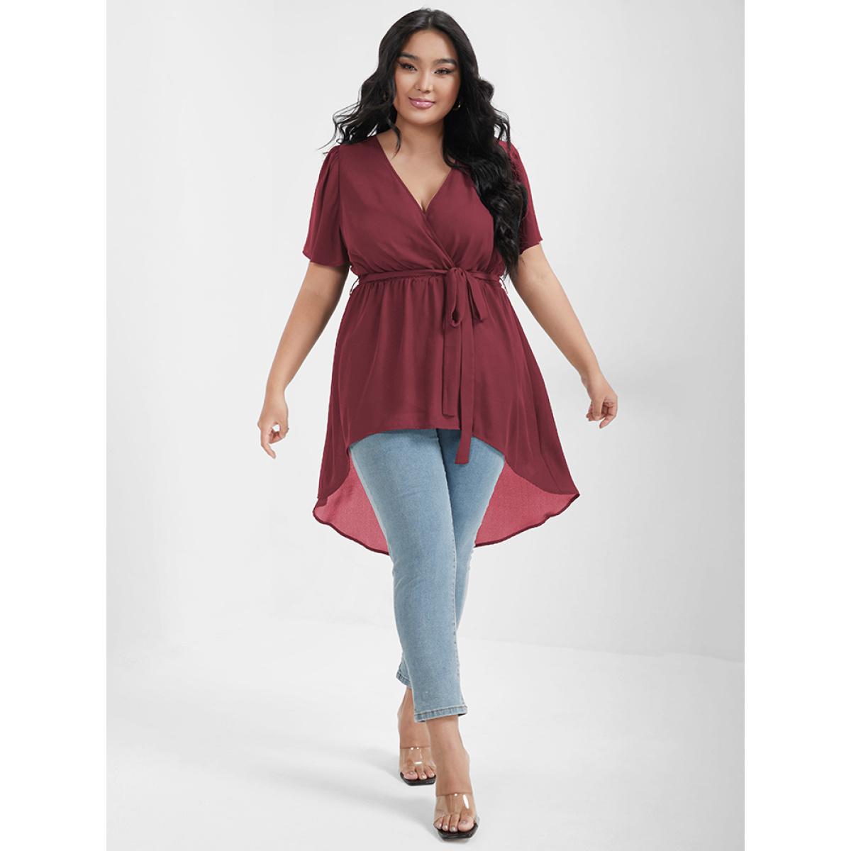 Plus Size Burgundy Plain Asymmetrical Hem Ruffles Belted Wrap Blouse Women Elegant Short sleeve V-neck Dailywear Blouses BloomChic 10/M Product Image