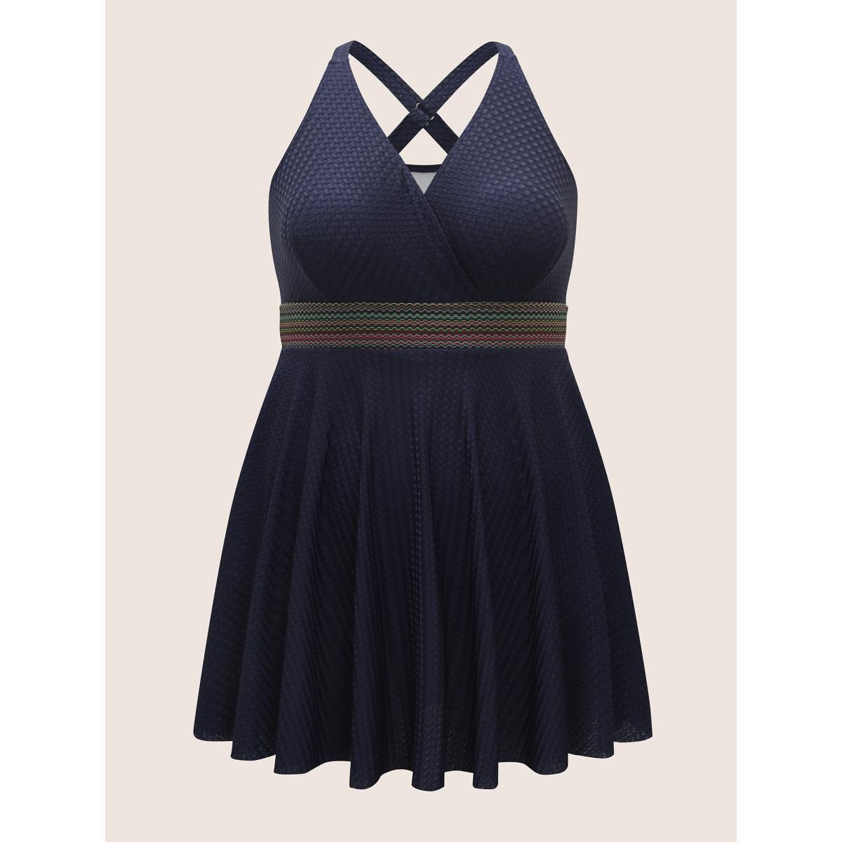 Plus Size Overlap Collar Textured Gathered Pocket Swim Dress Women's Swimwear Midnight Beach Bodycon Overlap Collar High stretch Curve Swim Dresses BloomChic 26/4X Product Image