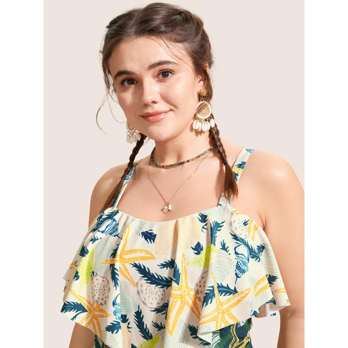 Plus Size Marine Elements Tiered Ruffles One Piece Swimsuit Women's Swimwear Beige Beach Gathered Curve Bathing Suits High stretch One Pieces BloomChic 18-20/2X Product Image