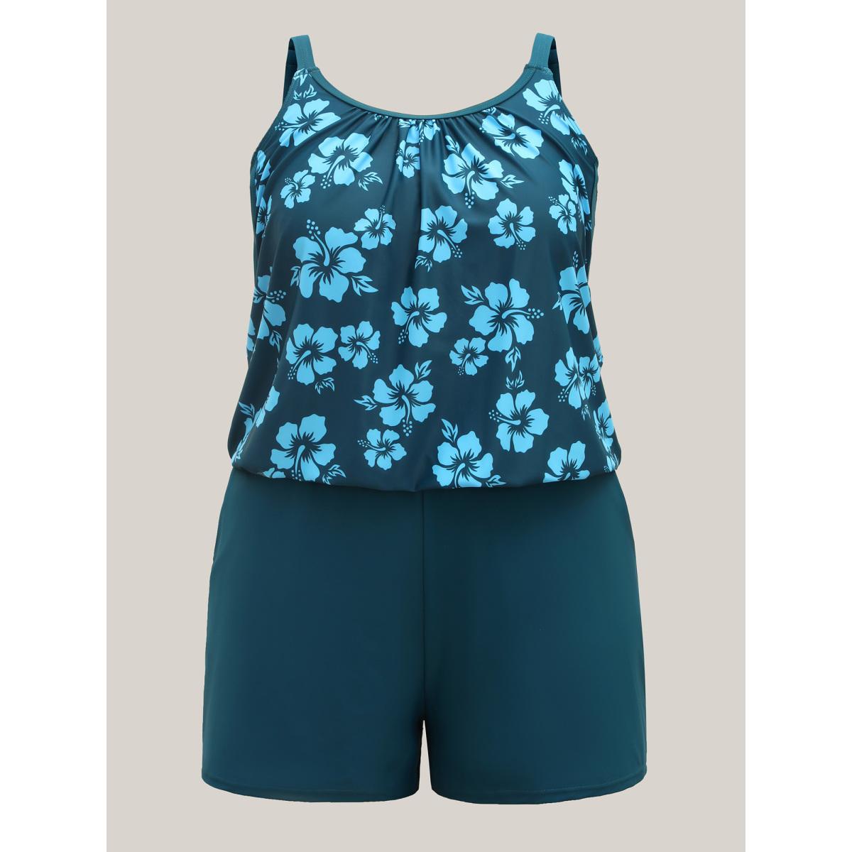 Plus Size Floral Removable Cups Pocket One-Piece Swimsuit Women's Swimwear Cyan Resort Patchwork Curve Bathing Suits High stretch One Pieces BloomChic 10/M Product Image