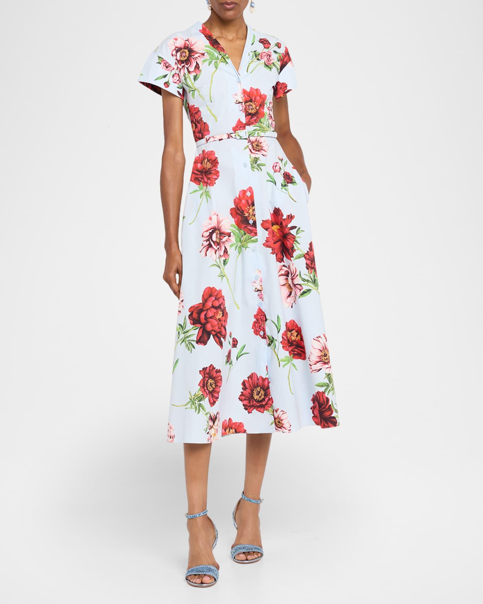 Short-Sleeve Peony-Printed Tea-Length Dress Product Image