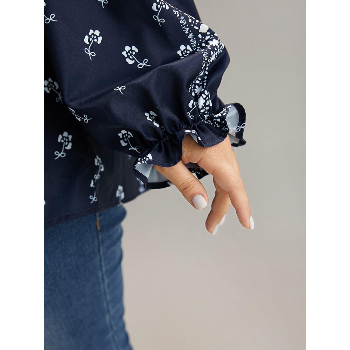 Plus Size Indigo Bandana Print Flutter Trim Blouse Women Resort Long Sleeve V-neck Vacation Blouses BloomChic 14-16/1X Product Image