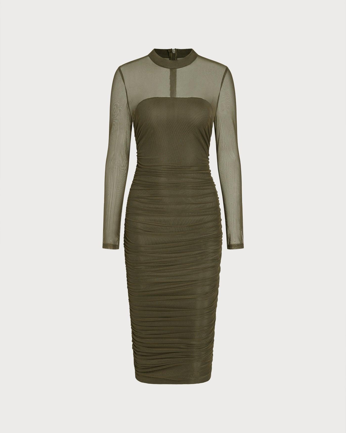Green Mock Neck Ruched Midi Dress Product Image