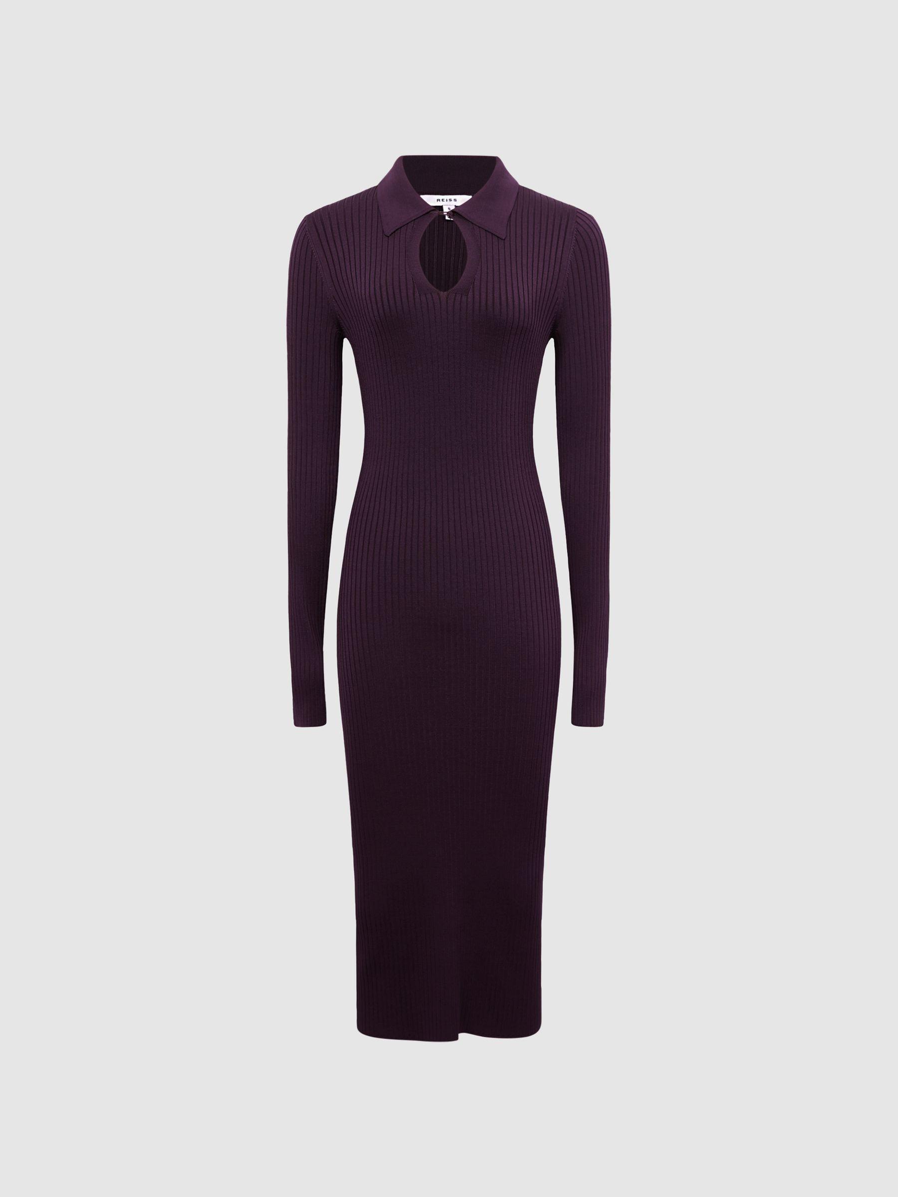 Collared Knitted Bodycon Dress in Purple Product Image