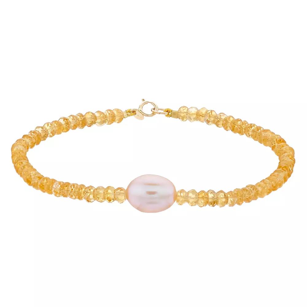 Jewelmak 14k Gold Citrine Rondelle Pink Freshwater Cultured Pearl Bracelet, Women's Product Image