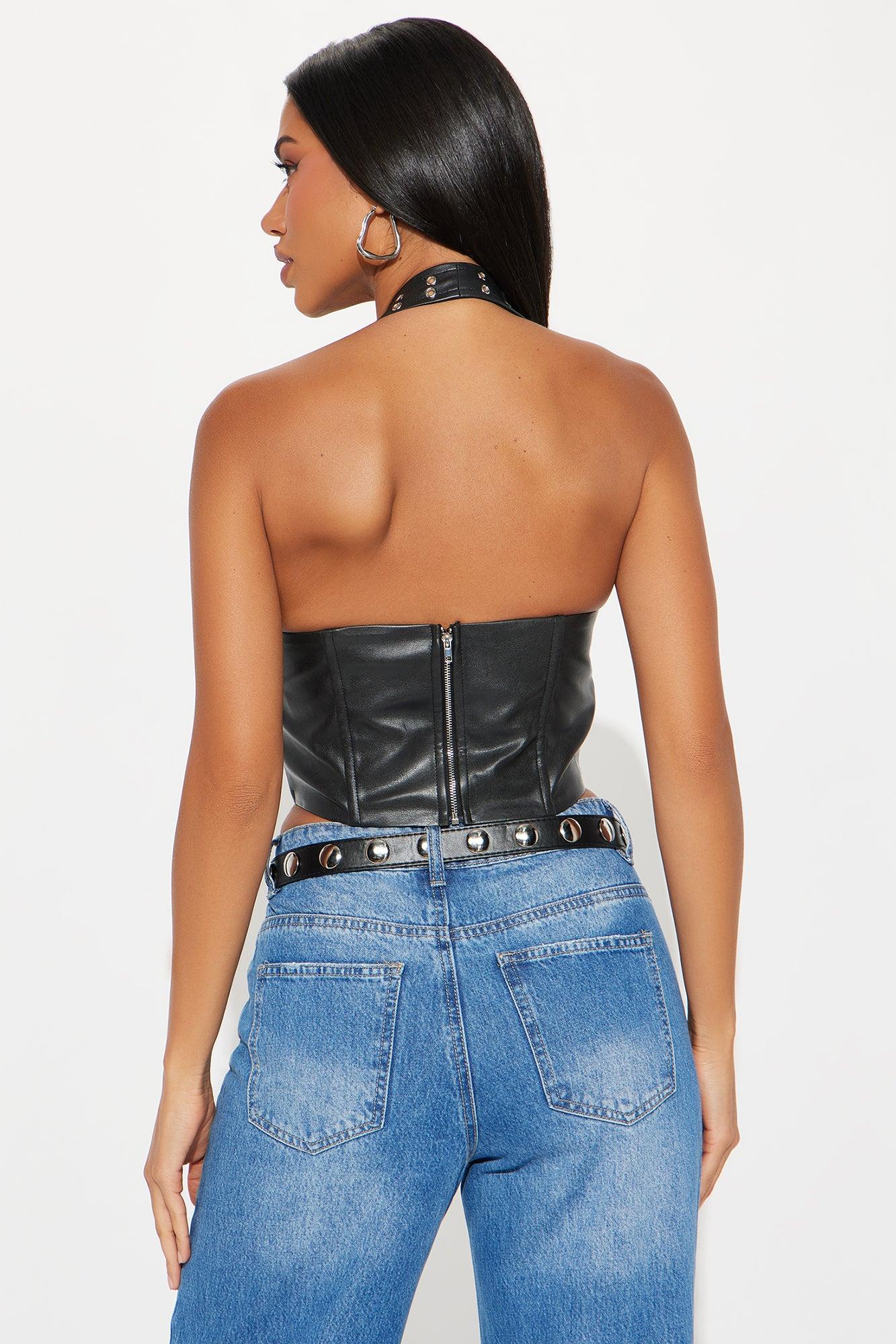 At First Sight Faux Leather Halter Top - Black Product Image