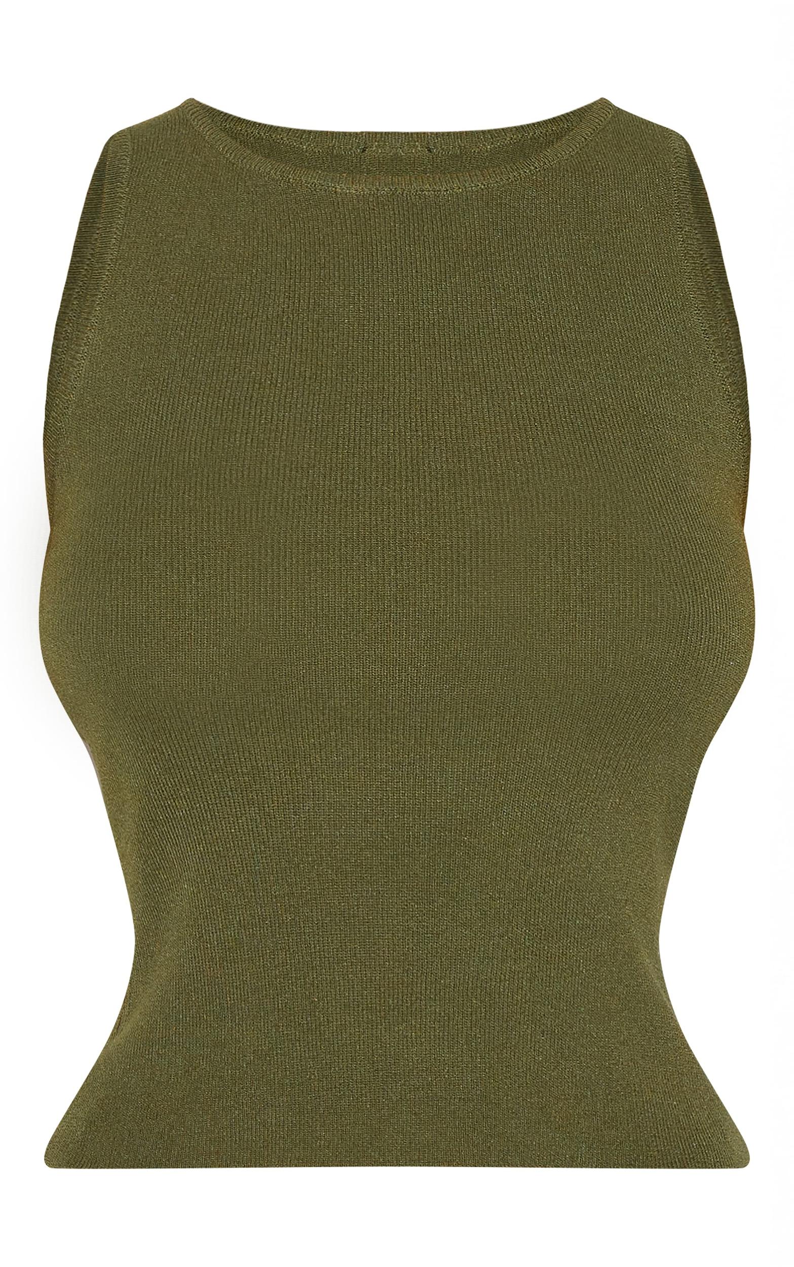 Khaki Fine Knit  Racer Neck Top Product Image