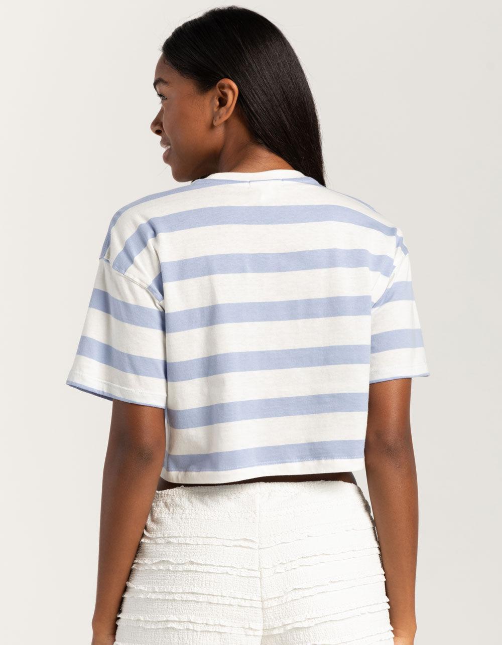 FULL TILT Stripe Saint Tropez Embroidered Womens Crop Tee - LIGHT BLUE Product Image