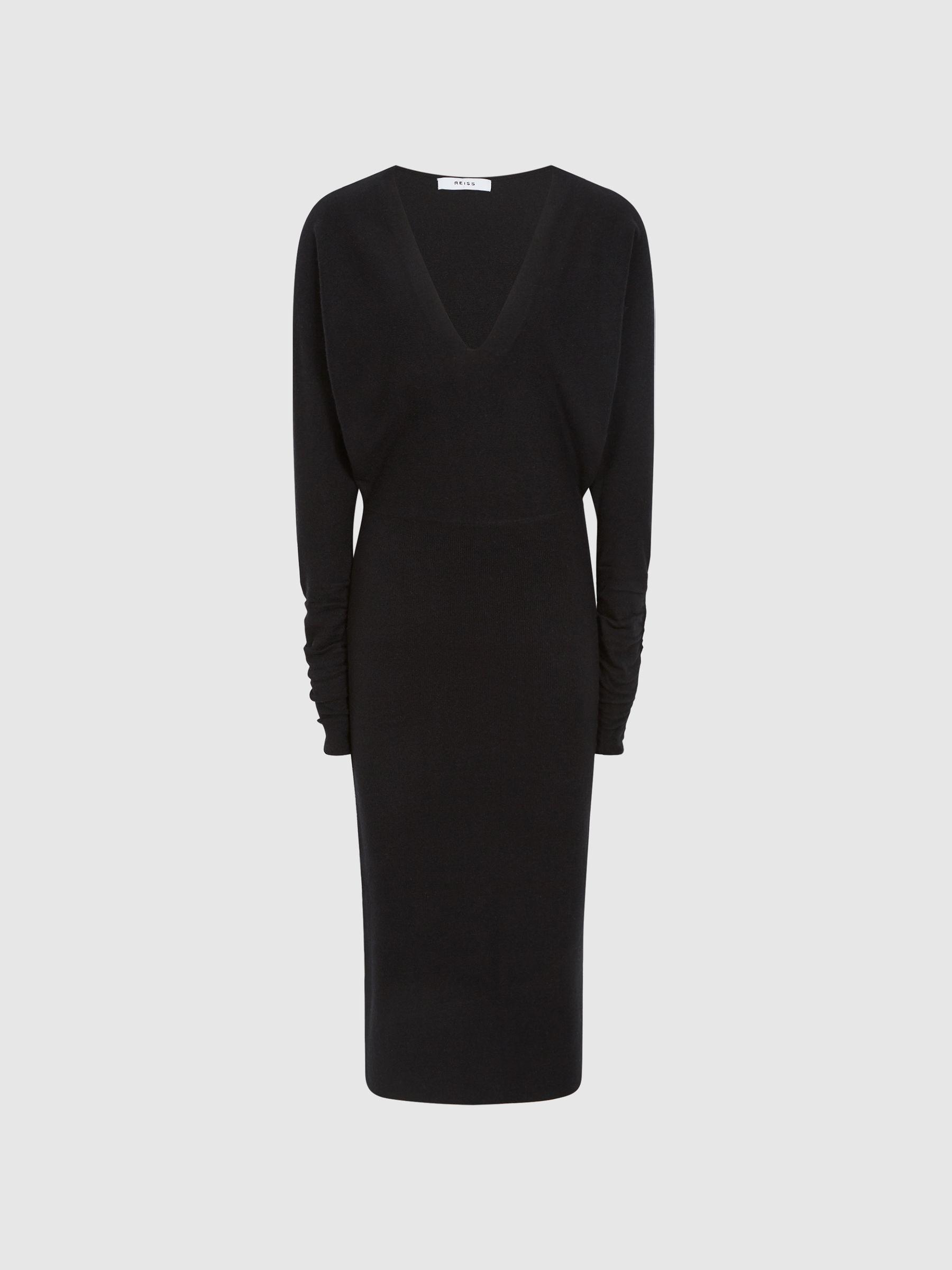 Wool Blend Ruched Sleeve Midi Dress in Black Product Image