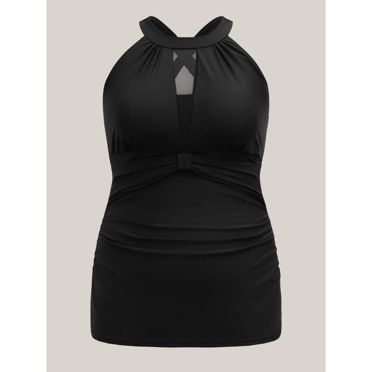 Plus Size Sheer Ruched Adjustable Straps Swim Top Women's Swimwear Black Resort Gathered High stretch Skinny Round Neck Curve Swim Tops BloomChic 18-20/2X Product Image