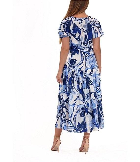 Julia Jordan Linen Blend Floral Print V Neck Short Sleeve Tiered A-Line Midi Dress Product Image