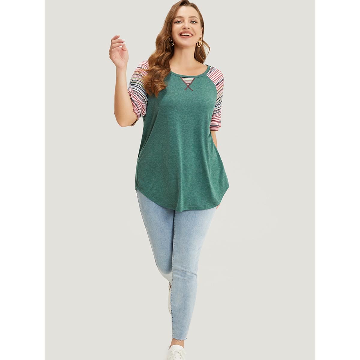 Plus Size Supersoft Essentials Striped Contrast Raglan Sleeve Curved Hem T-shirt DarkGreen Women Casual Contrast Plain Round Neck Everyday T-shirts BloomChic 30/6X Product Image