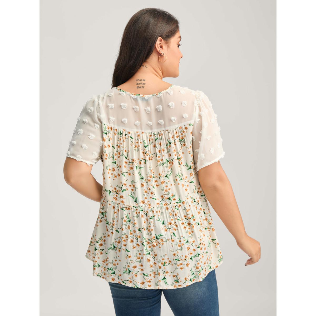 Plus Size Beige Floral Print Lace Sheer Sleeve Blouse Women Romantic Short sleeve V-neck Elegant Blouses BloomChic 30/6X Product Image