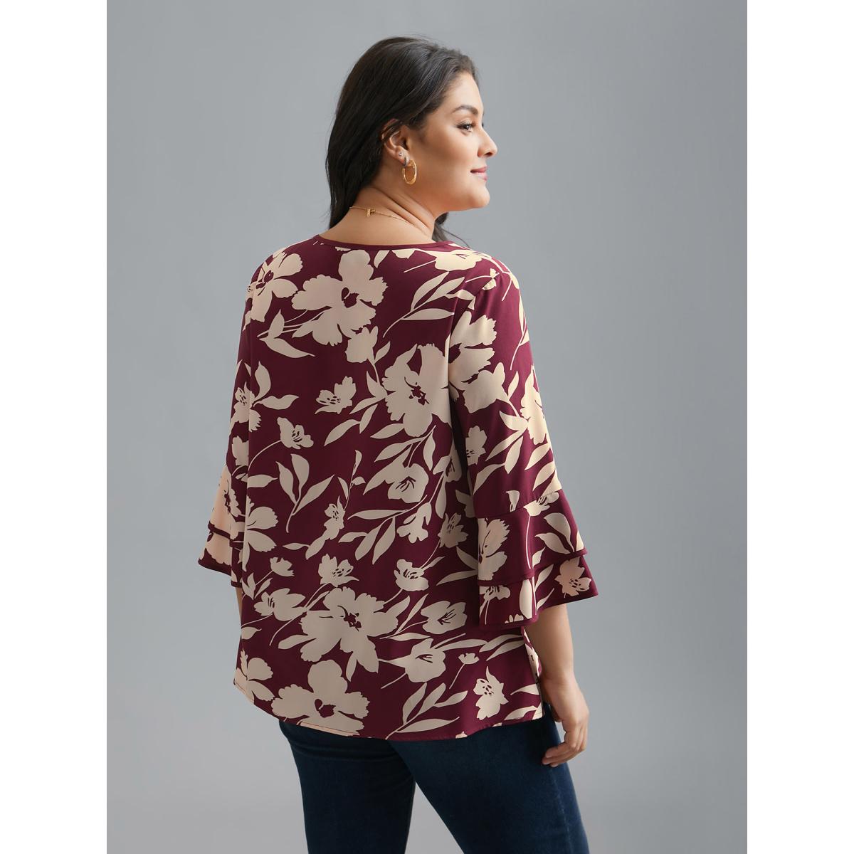 Plus Size Plum Silhouette Floral Print Tiered Ruffles Blouse Women Elegant Elbow-length sleeve Round Neck Everyday Blouses BloomChic 12/L Product Image