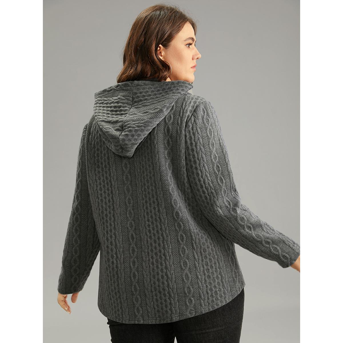 Plus Size Plisse Button Through Hooded Curved Hem Sweatshirt Women DimGray Casual Texture Hooded Everyday Sweatshirts BloomChic 26/4X Product Image
