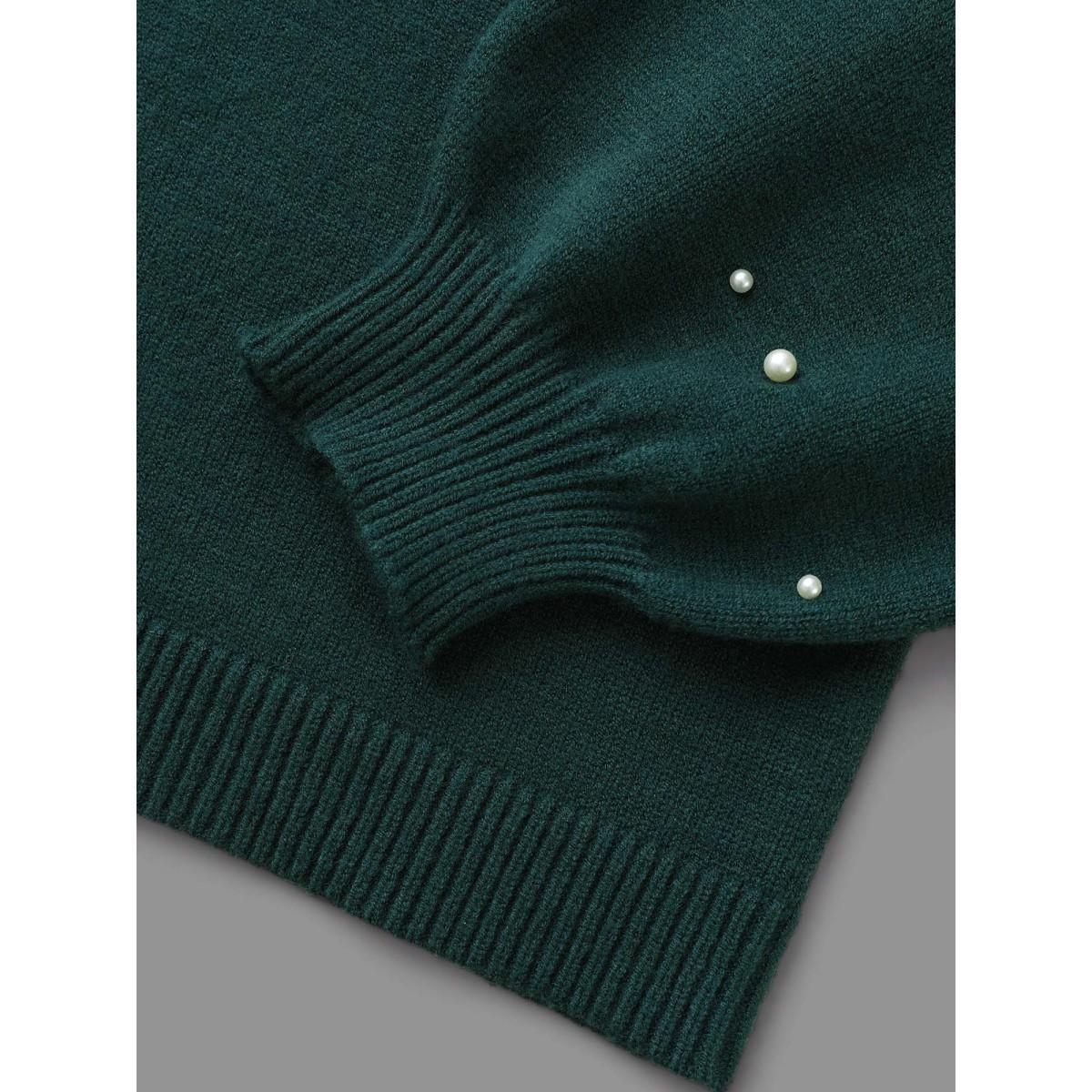 Plus Size Supersoft Essentials Beaded Neckline Drop-Shoulder Pullover DarkGreen Women Casual Loose Long Sleeve Round Neck Everyday Pullovers BloomChic 22-24/3X Product Image