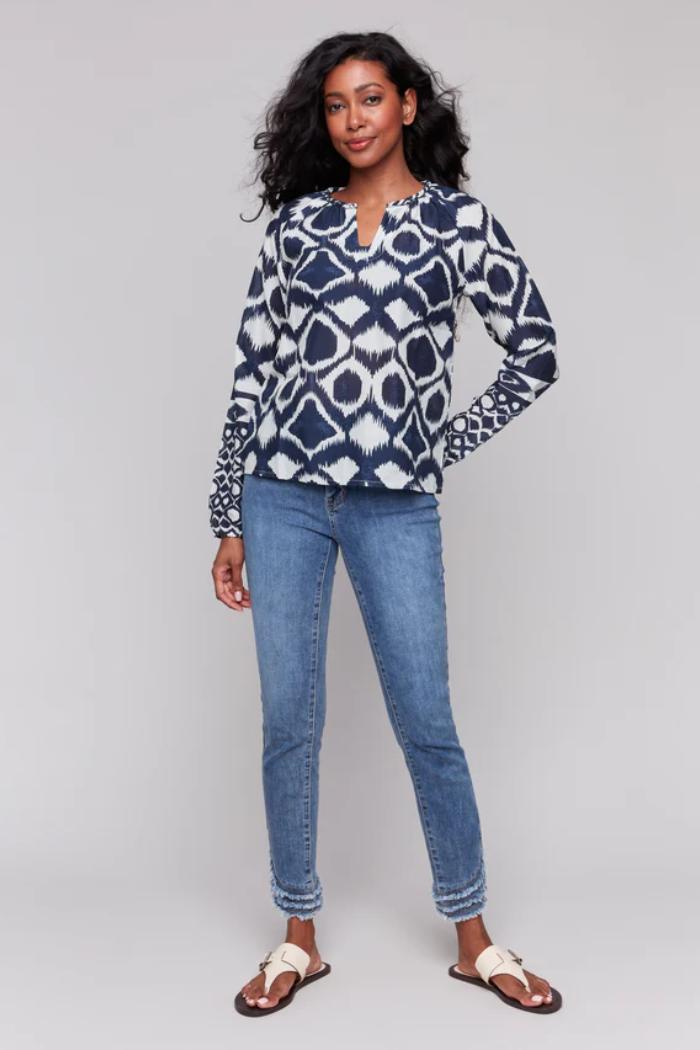 Printed Long Sleeve Popover Blouse Product Image