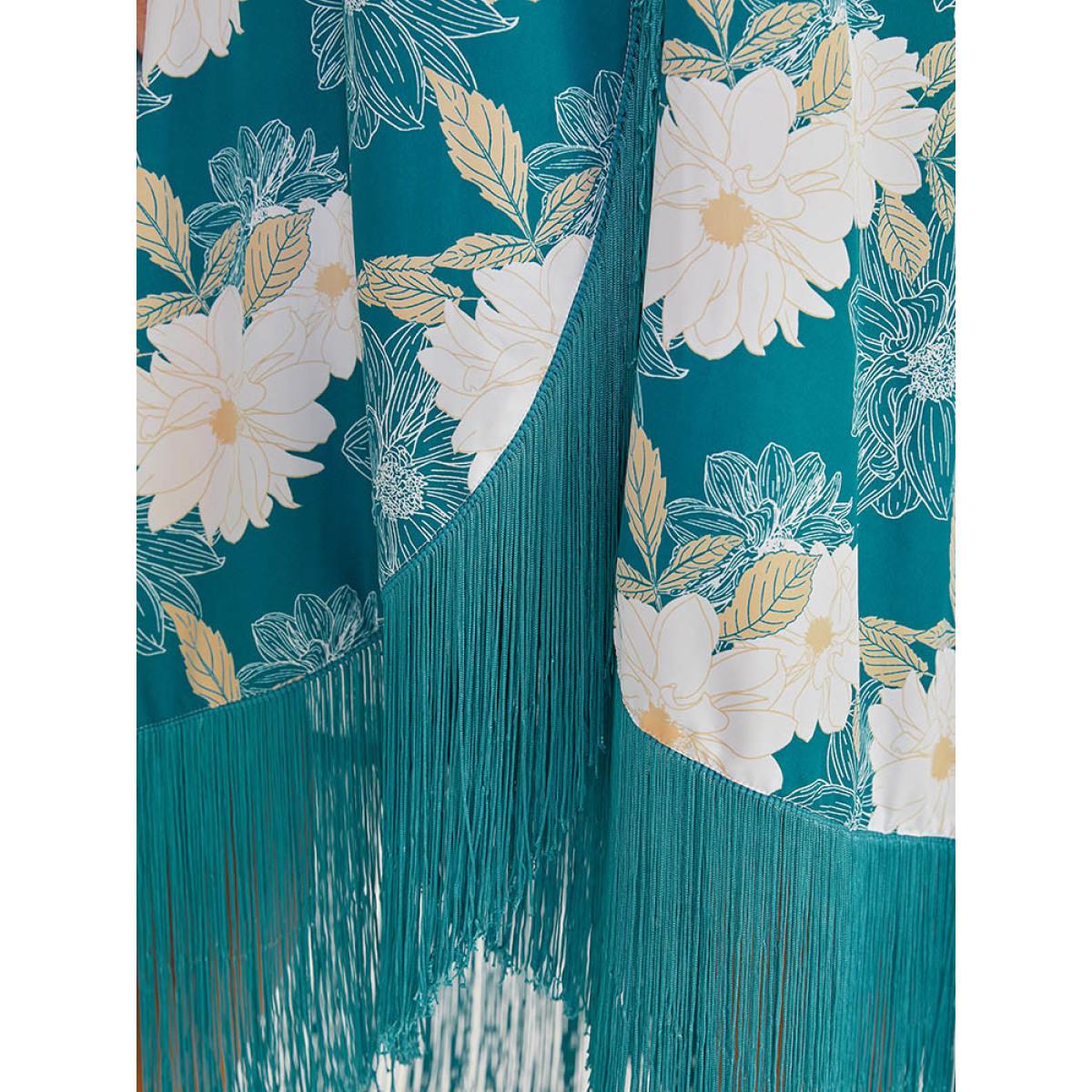 Plus Size Floral Print Wrap Tassel Trim Lantern Sleeve Dress Cerulean Women Elegant Elastic cuffs V-neck Long Sleeve Curvy Midi Dress BloomChic 30/6X Product Image