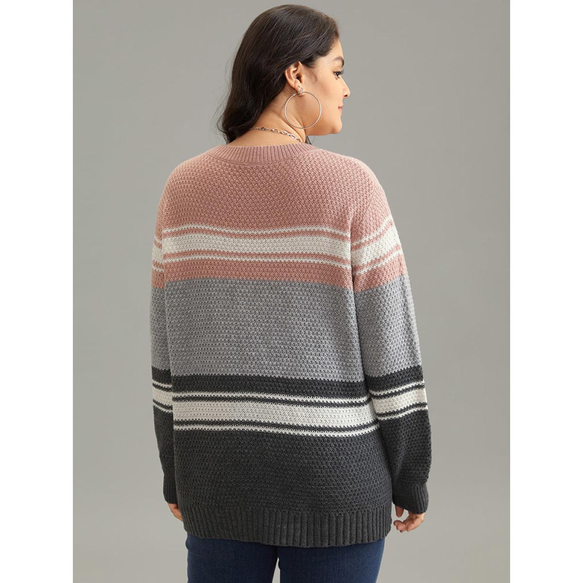 Plus Size Colorblock Button Detail Plisse Pullover Multicolor Women Casual Loose Long Sleeve Round Neck Dailywear Pullovers BloomChic 18-20/2X Product Image