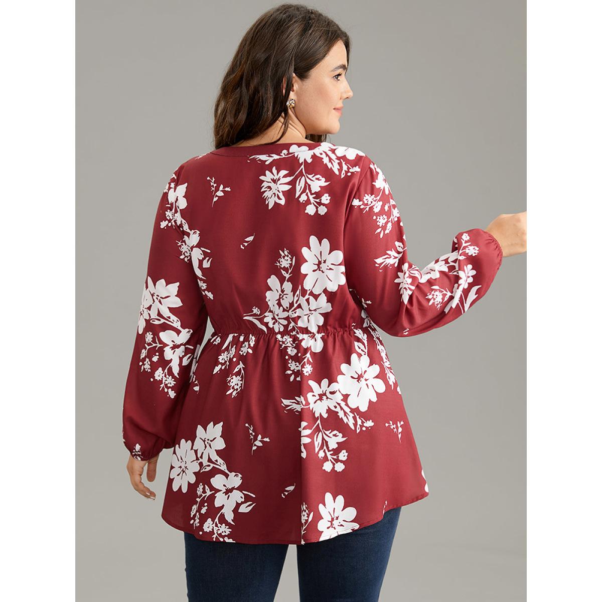 Plus Size Scarlet Silhouette Floral Print Elastic Waist Cut Out Blouse Women Elegant Long Sleeve Round Neck Dailywear Blouses BloomChic 12/L Product Image