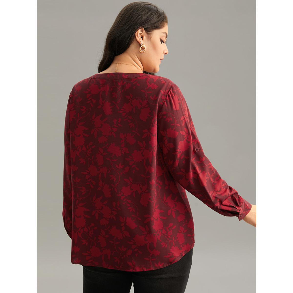 Plus Size Scarlet Silhouette Floral Print Gathered Tab Sleeve Blouse Women Elegant Long Sleeve Notched collar Party Blouses BloomChic 30/6X Product Image