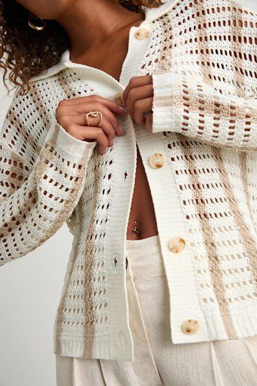 Maysen Ivory and Beige Striped Crochet Collared Cardigan Product Image