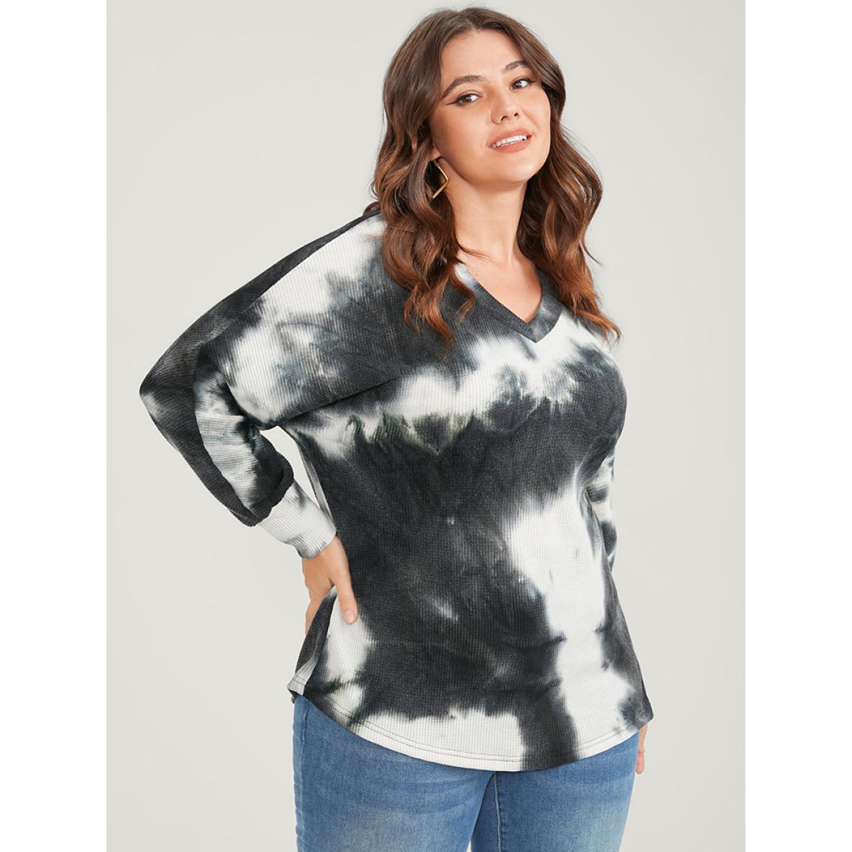 Plus Size Tie Dye Dolman Sleeve Waffle Knit Drop Shoulder Sweatshirt Women Black Casual Tie Dye Loose V-neck Dailywear Sweatshirts BloomChic 22-24/3X Product Image