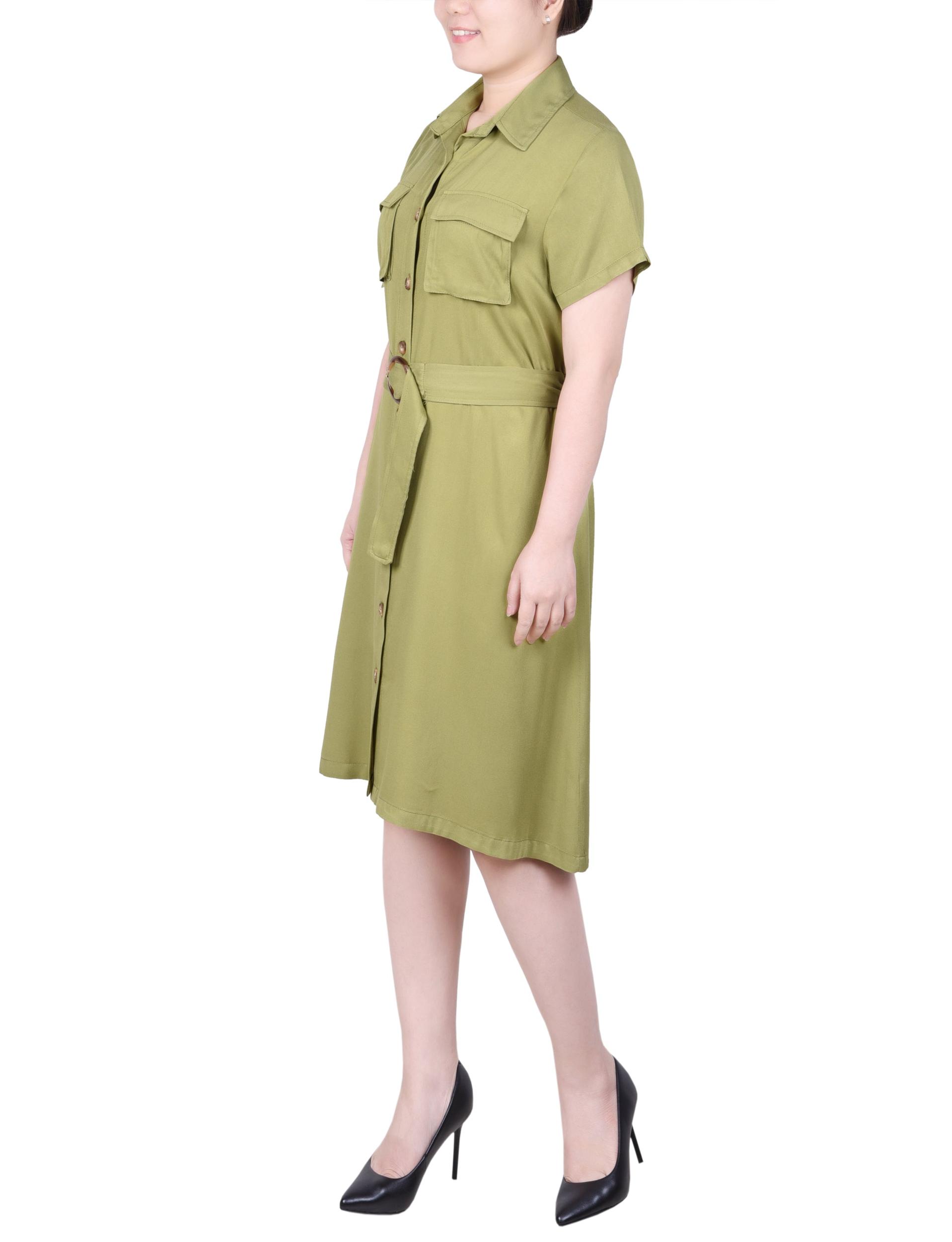 Olive Green Short Sleeve Safari Style Dress Product Image