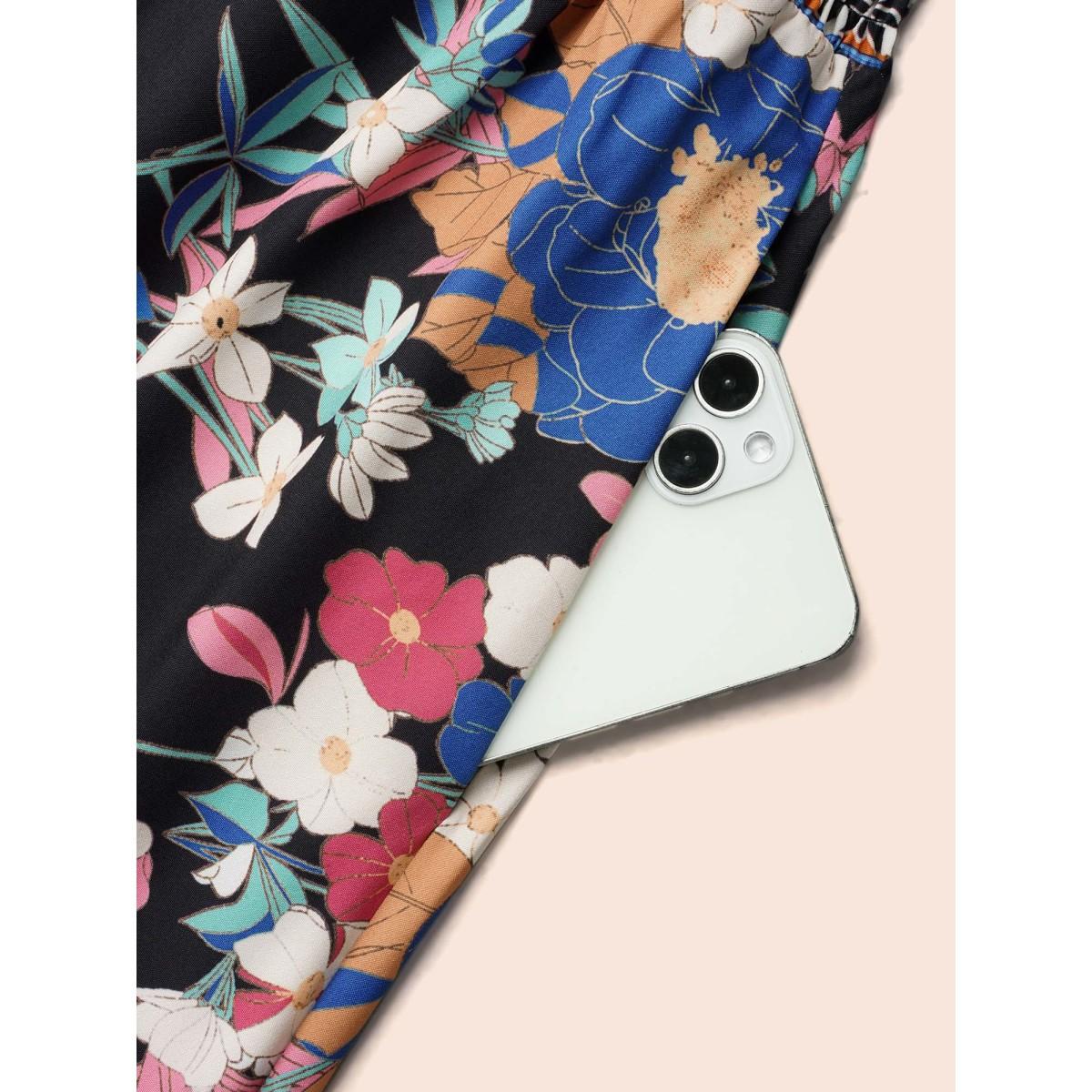 Plus Size Boho Print Shirred V-Neck Flared Midi Dress Black Women Boho Shirred V-neck Elbow-length sleeve Curvy BloomChic 28/5X Product Image