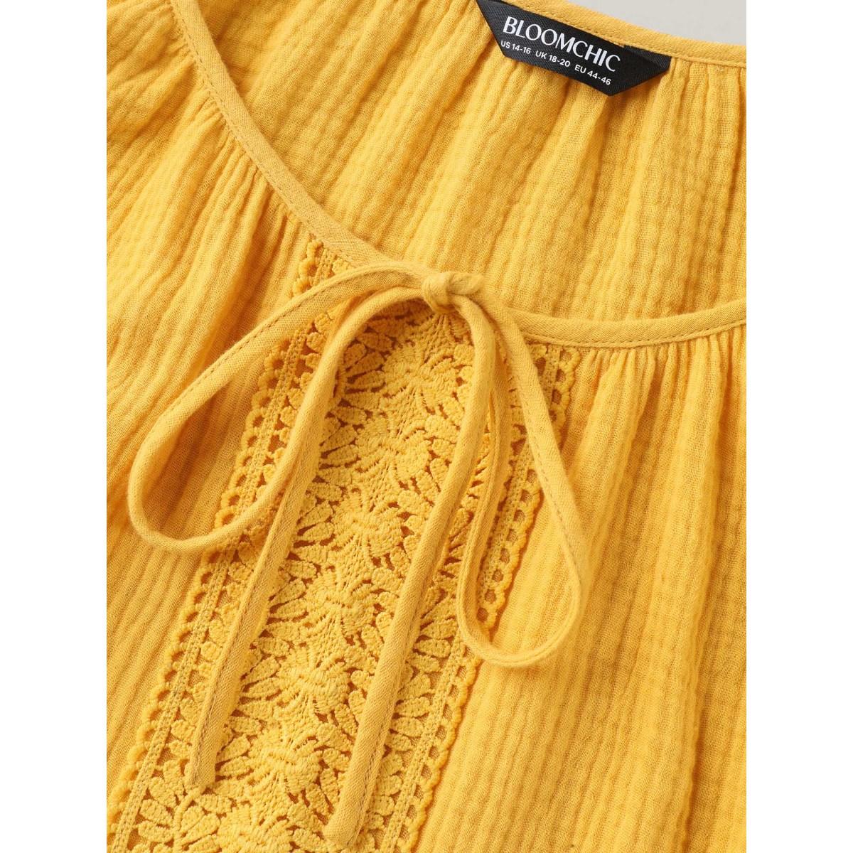 Plus Size Turmeric Pure Cotton Lace Placket Tied Blouse Women Short sleeve Round Neck Casual Blouses BloomChic 28/5X Product Image