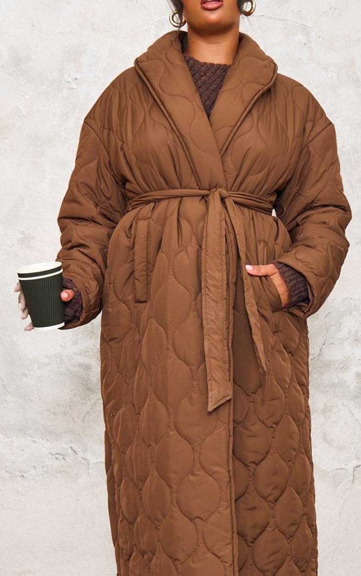 Plus Dark Brown Maxi Belted Quilted Coat Product Image