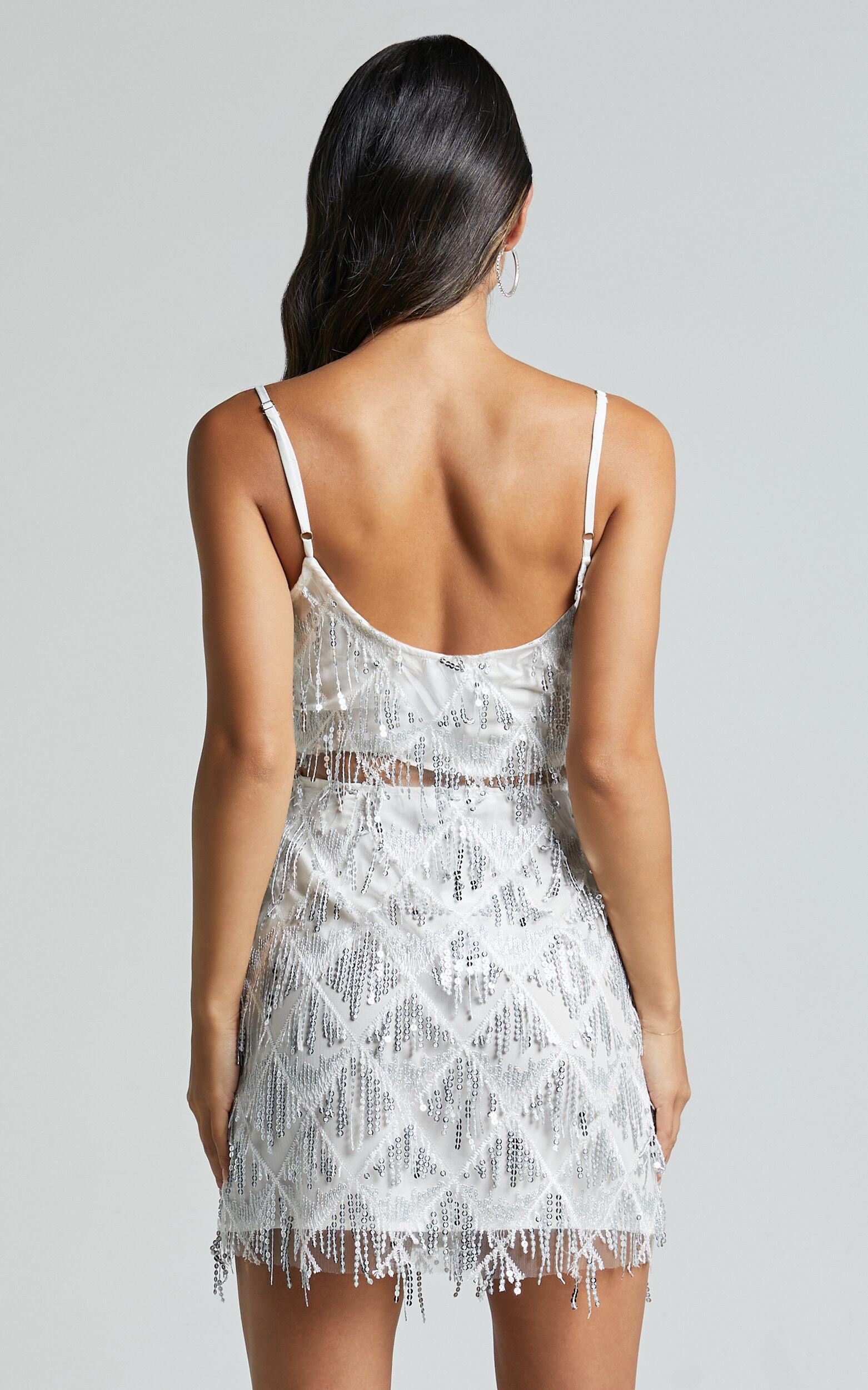 Khrizza Mini Skirt - Sequin Diamond Mesh Skirt in White/Silver Product Image